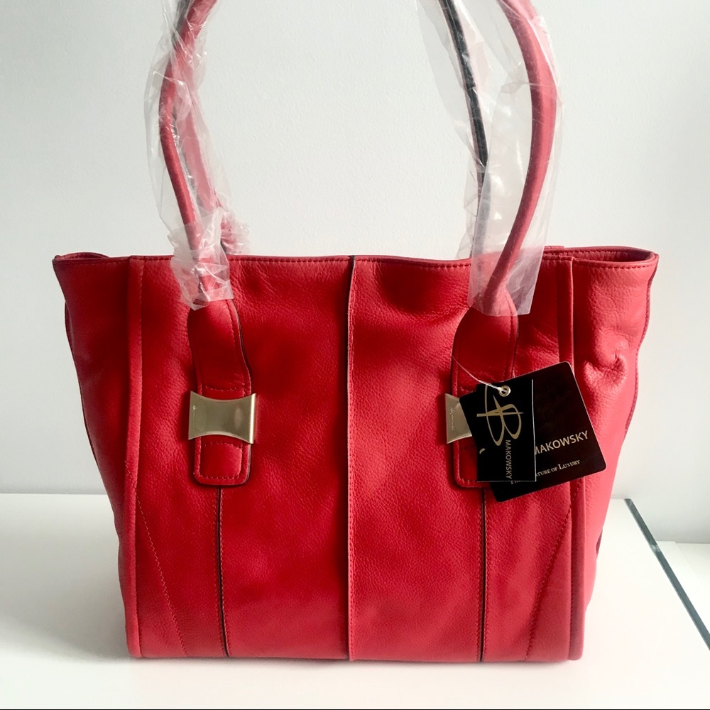 COPY - B.Makowsky Lipstick Red Golden Hardware Soft Genuine Leather Large Tote …